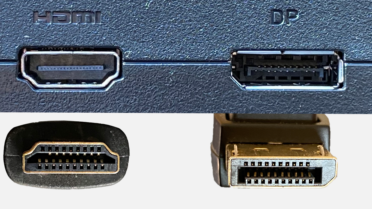 DisplayPort und HDMI Anschluss und Kabel mit Stecker DisplayPort und HDMI Anschluss und Kabel mit Stecker